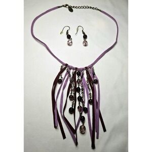 Boho Fringe Necklace & Earring Set Womens OS Purple Beaded Suede Style